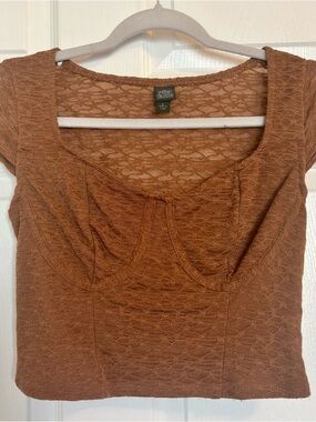 Wild Fable Brown Lace Crop Top Cap Sleeve Bustier Style Fitted Top Small